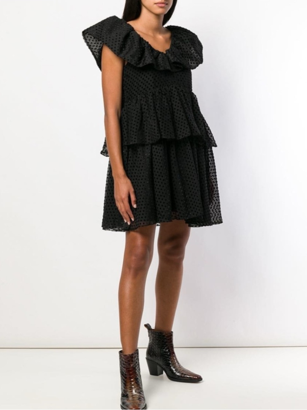 GANNI Jasmine Dress Black
Tiered Ruffled Tulle Mini
Dress $350 Size 10